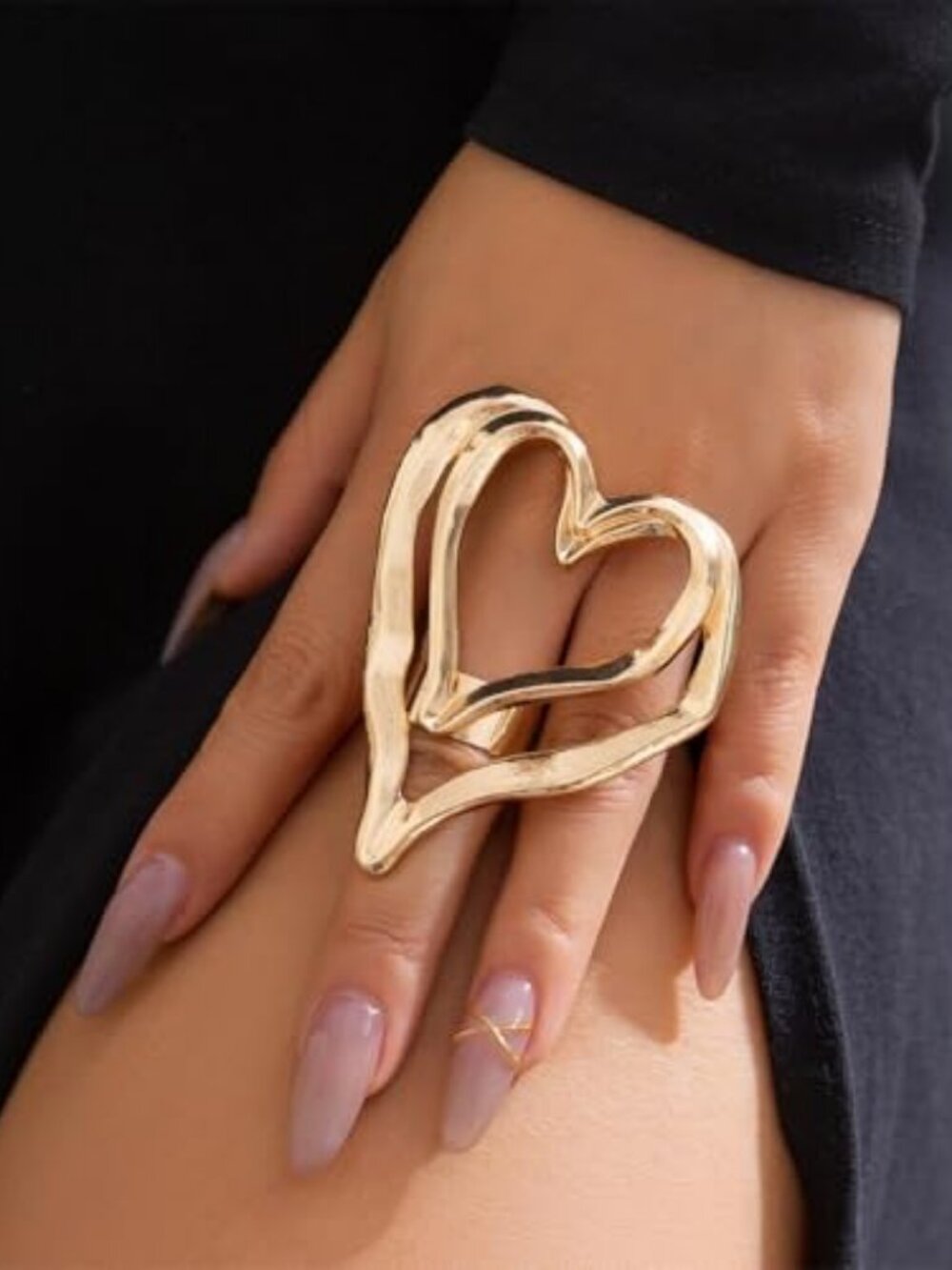 Y2k Big Double Heart Chunky Gold Silver Knuckle Ring for Women Statement